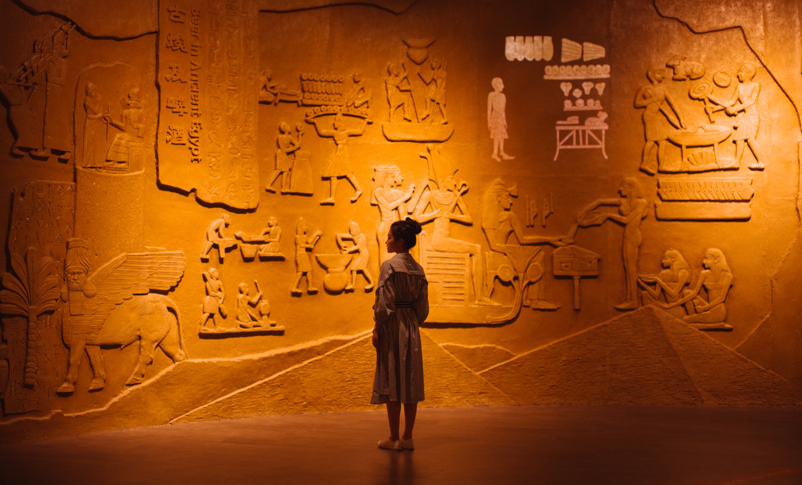 A person in trench coat standing in front of an ochre wall with huge hieroglyphics in relief